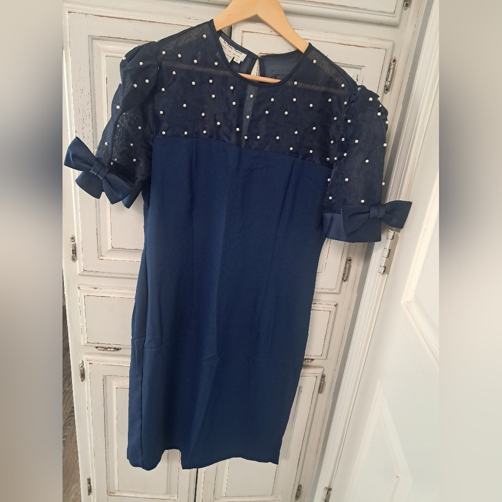 Late 80's Or Early 90's In The Mood Navy Blue Midi Dress 12 Pearl & Bow Accents